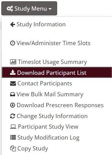 Select Download Participant List from Study Menu