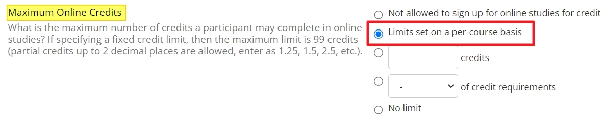 Maximum Online Credit Settings Section