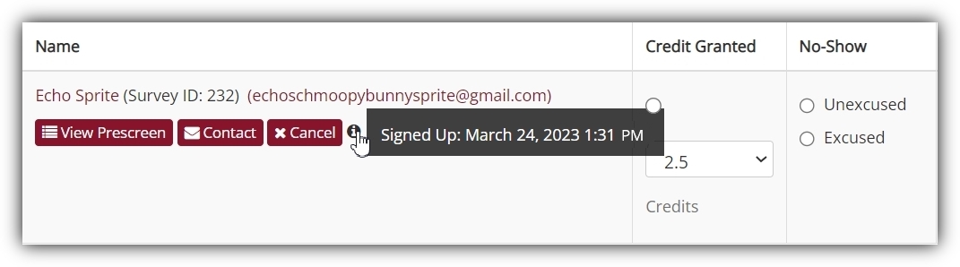 Participant Timeslot with Tooltip Information Displaying  Sign Up Date