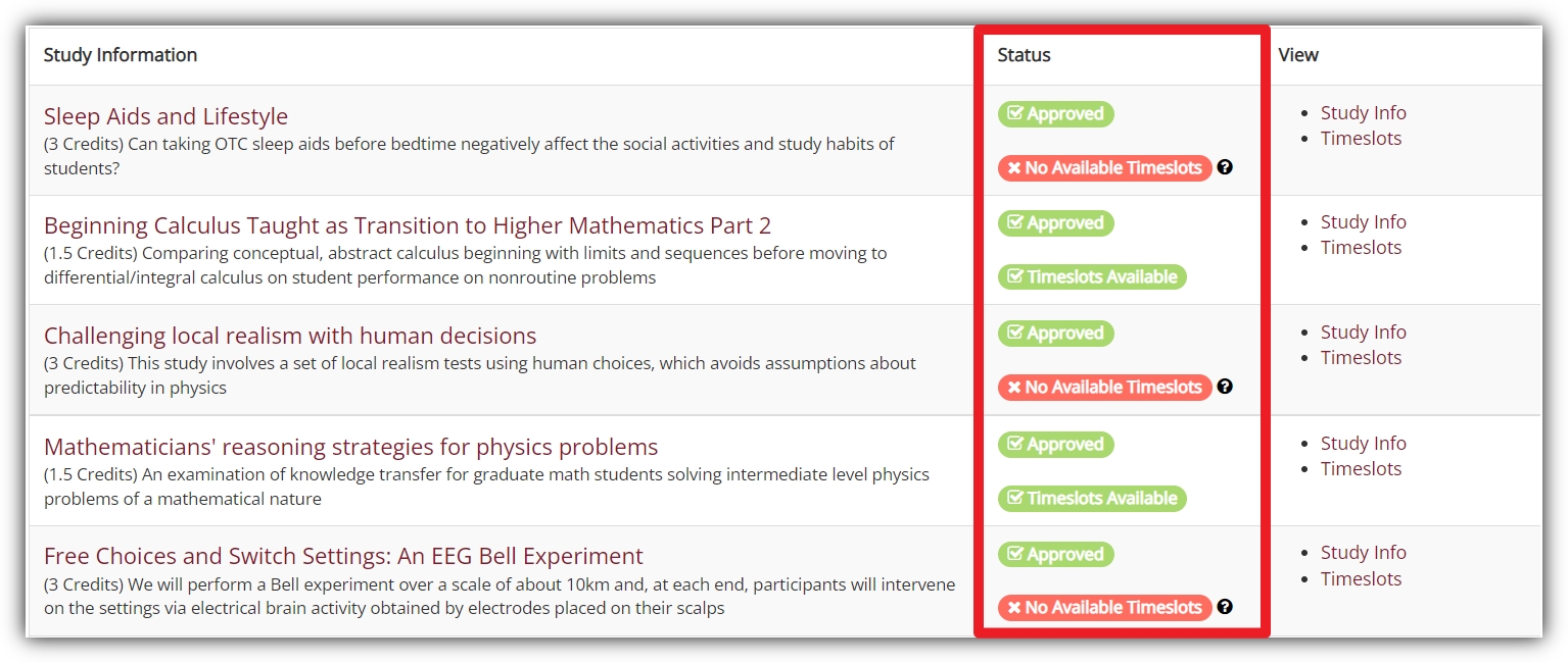 New Study Table with New Status Column