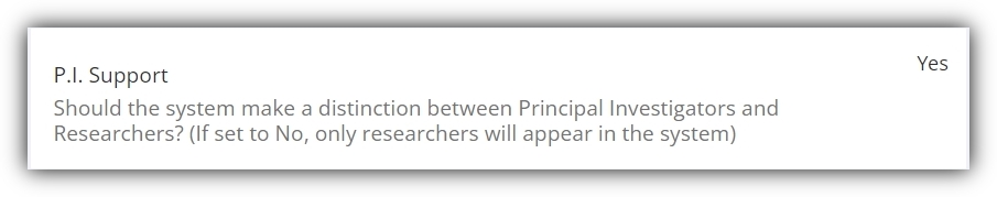 Principal Investigator (P.I.) Support in System Settings