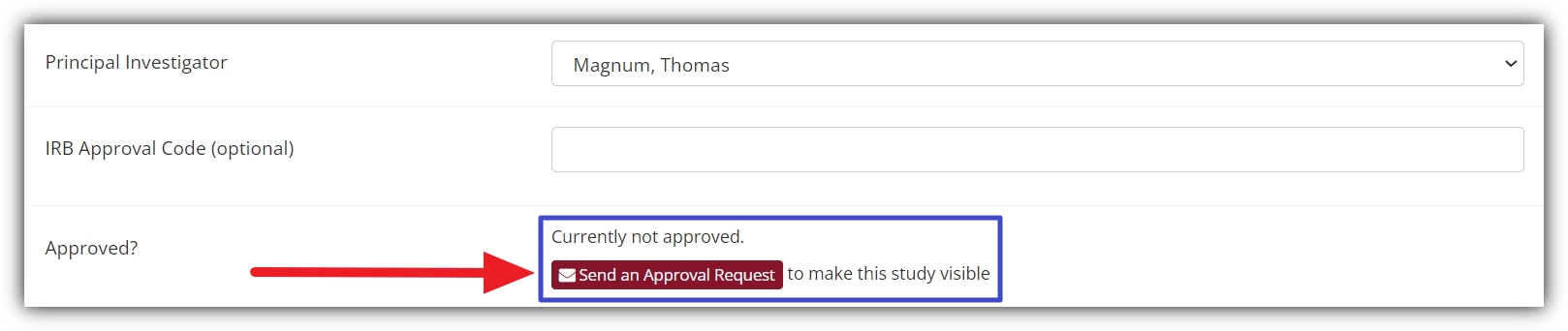 Study Information Page from Researcher Perspective when P.I. Study Approval is Enabled