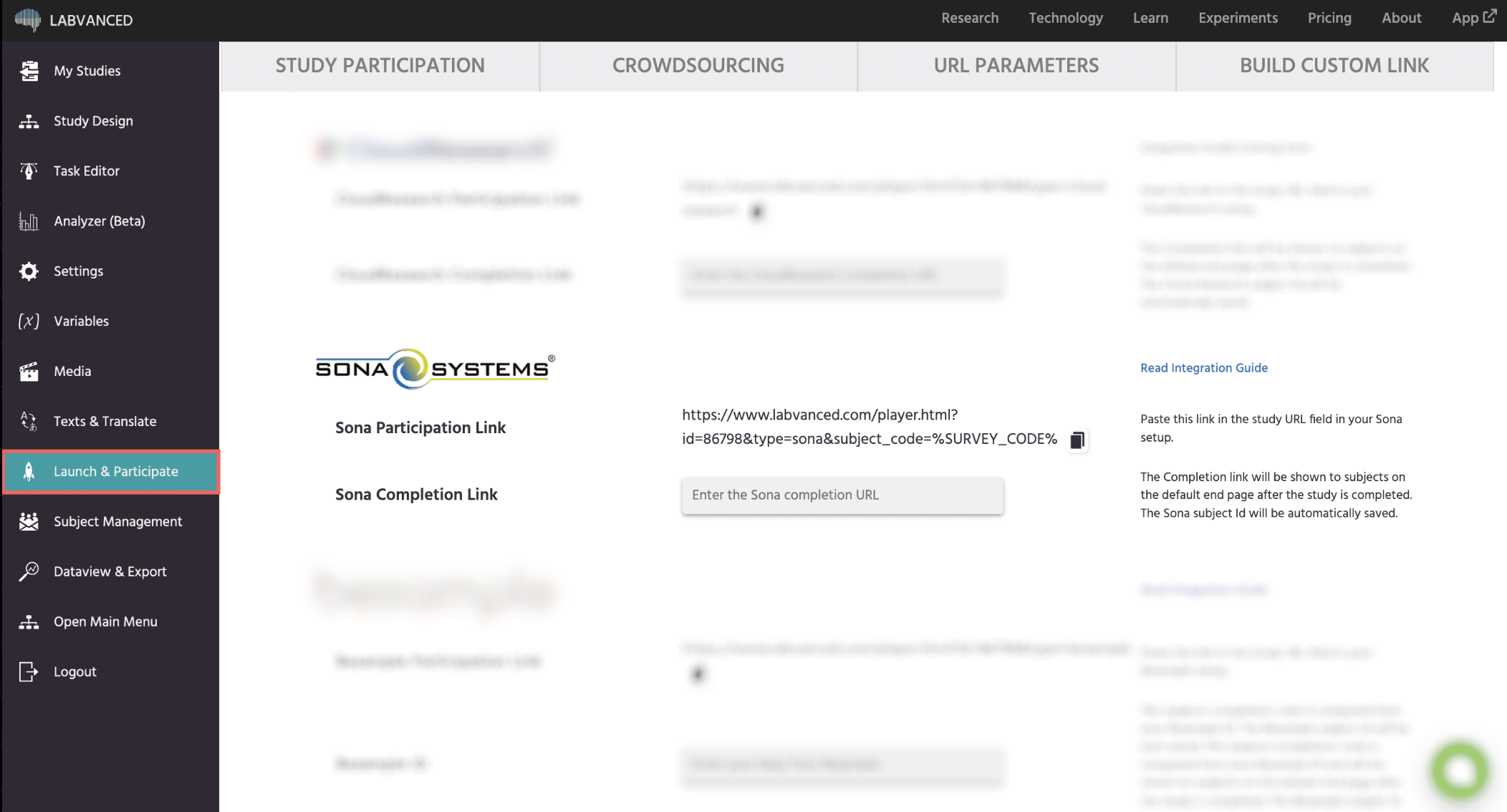 The Labvanced Launch & Participate tab with the Crowdsourcing tab open, showing the Sona Systems section with Sona Participation Link and Sona Completion Link fields