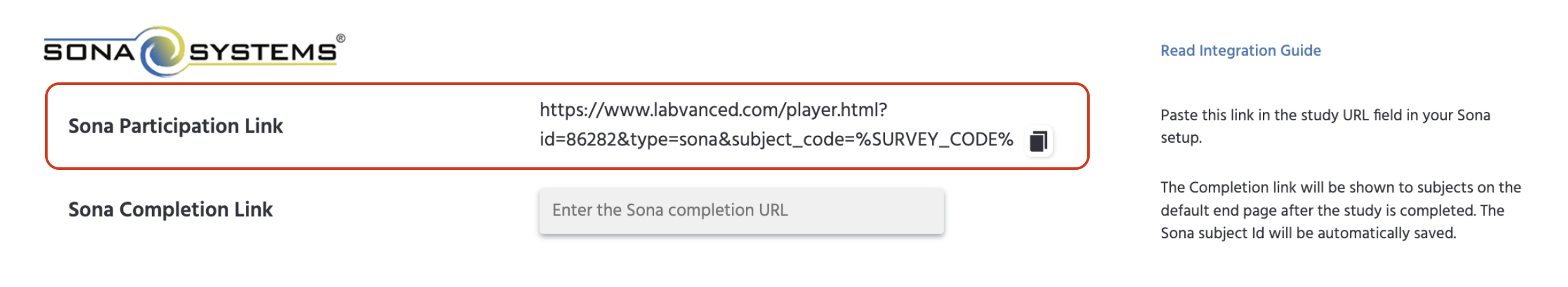 The Sona Systems section on the Launch & Participate tab, with the Sona Participation Link field highlighted for copying