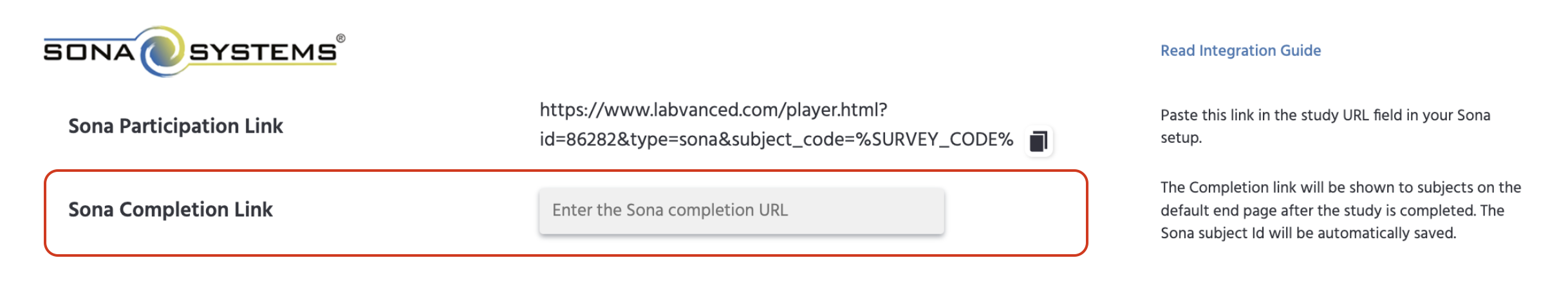 The Sona Systems section on the Launch & Participate tab, with the Sona Completion Link field highlighted for pasting the Sona completion URL